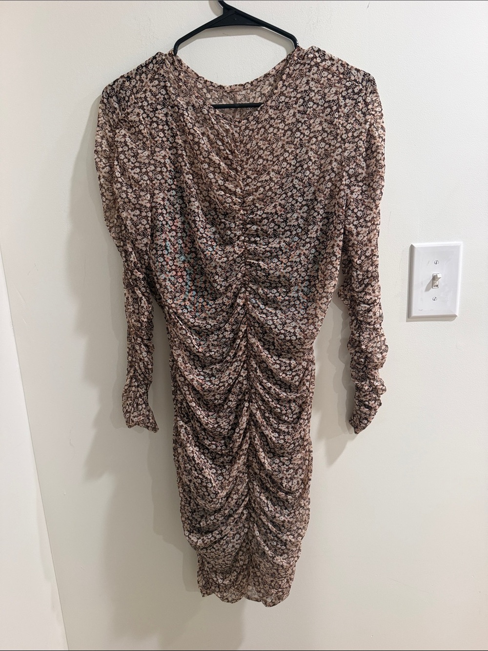 Abercrombie & Fitch Brown Floral Ruched Long-Sleeve Dress